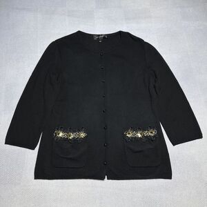 St.‎ John Black Cashmere Cardigan Sweater Women's Sz 8 Decorative Floral Pockets
